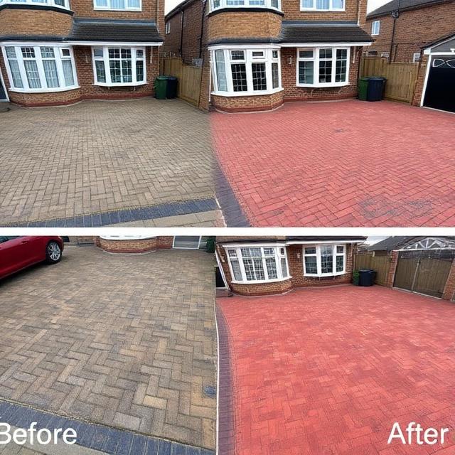 Before and after driveway cleaning showing block paving restoration in Falkirk