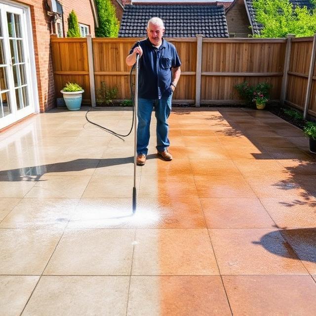 Patio pressure washing transformation showing dramatic before and after results